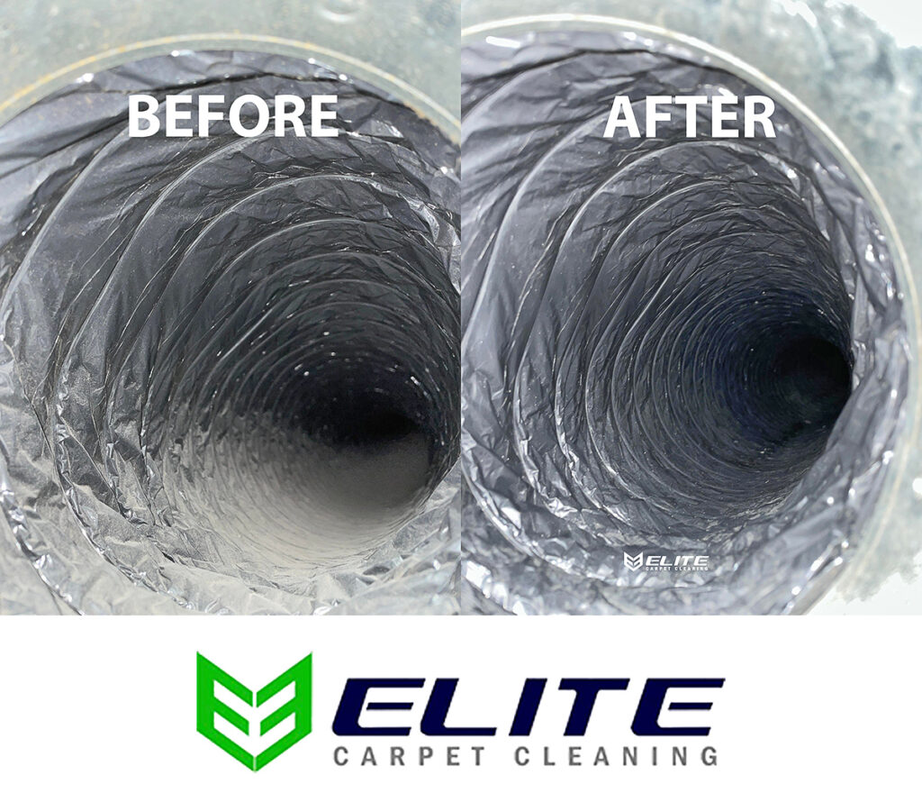 Before-and-after comparison of a flexible air duct cleaned by Elite Carpet Cleaning in Odessa, Texas