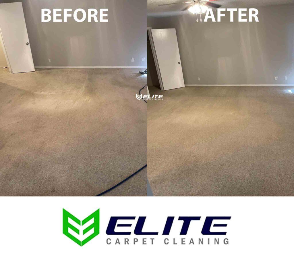 Before-and-after comparison of a carpeted room cleaned by Elite Carpet Cleaning in Odessa, Texas