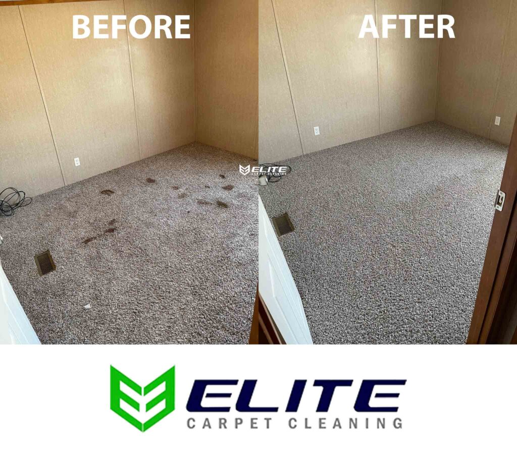 Before-and-after comparison showing repeated dark carpet spots visibly reduced during an Elite Carpet Cleaning job in Odessa, Texas