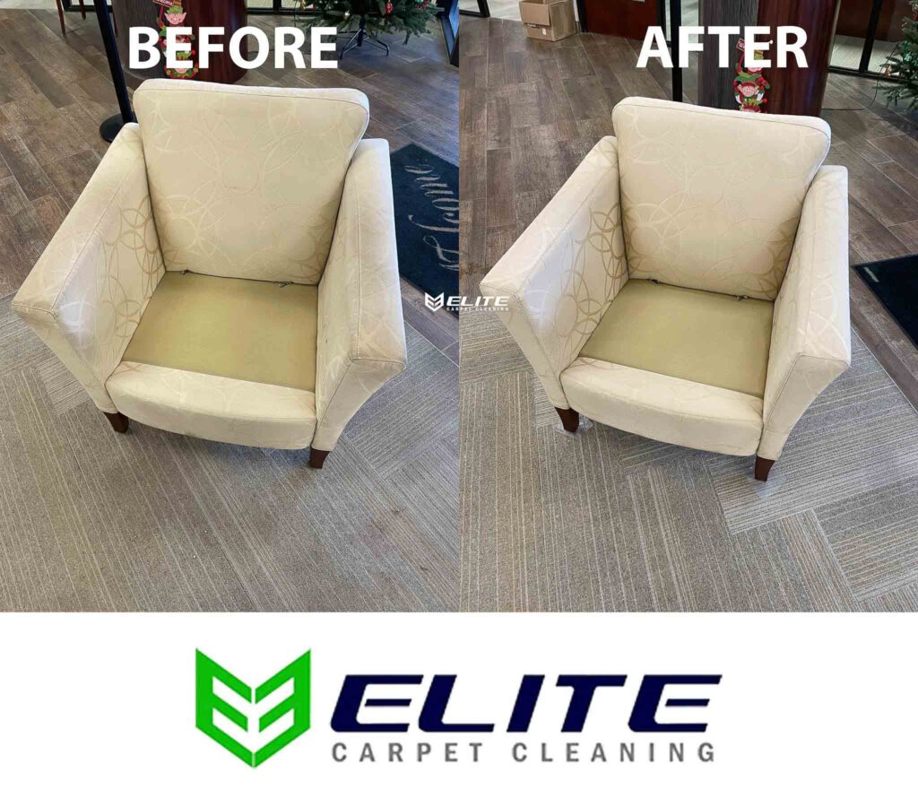 Before-and-after comparison of a light upholstered chair cleaned by Elite Carpet Cleaning in Odessa, Texas
