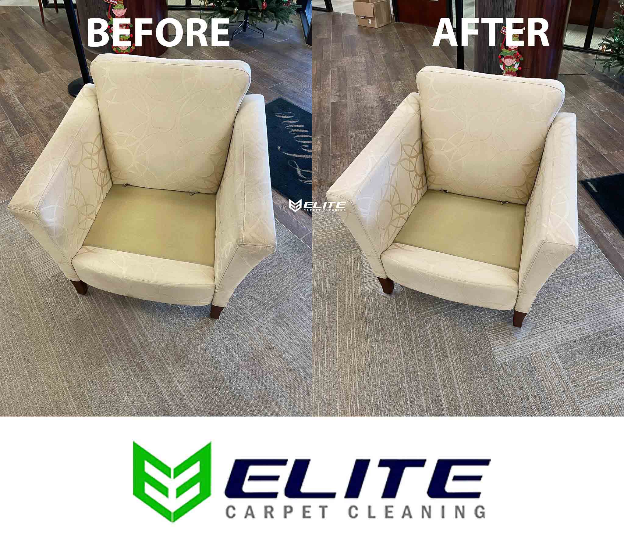 White Chair with clean upholstery in Fort Stockton tx. This chair was cleaned by Elite Carpet cleaning.