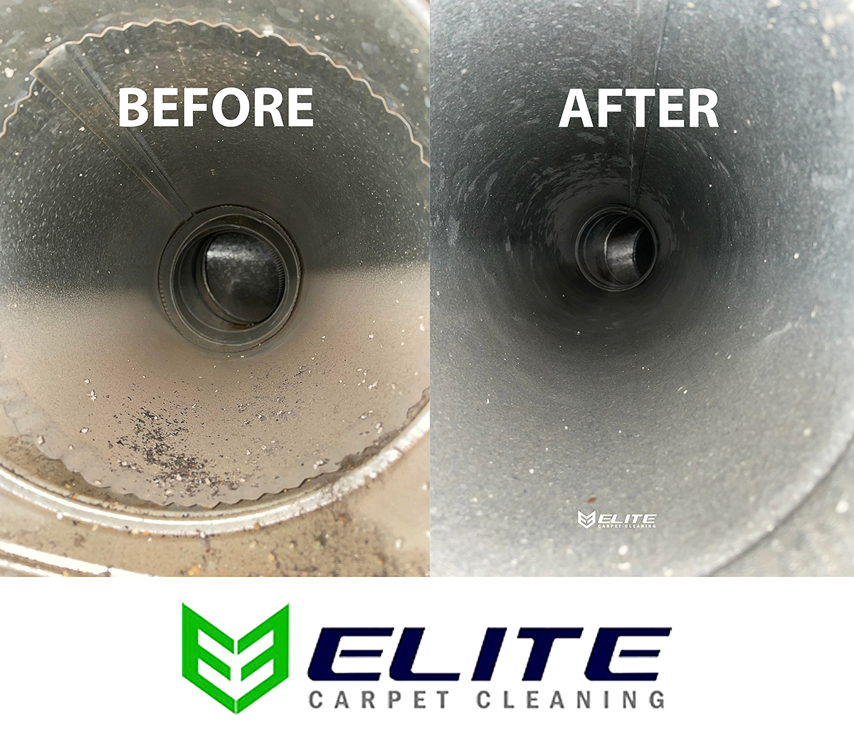 This image shows a metal air duct that has been cleaned by Elite Carpet Cleaning